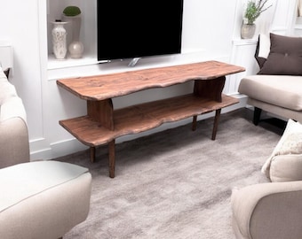 Handmade Live Edge Solid Wood TV Stand, Rustic Media Console with Storage Shelves