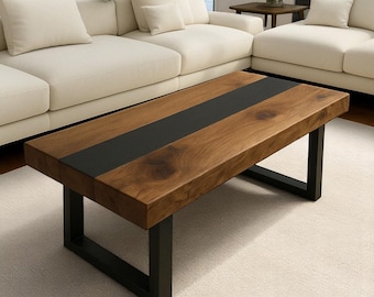 Solid Walnut Coffee Table, Modern Rectangle Wood Table with Metal Legs, Living Room Centerpiece