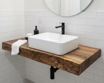 Live Edge Bathroom Vanity Shelf, Solid Wood Wall Mounted Countertop, Rustic Vessel Sink Shelf