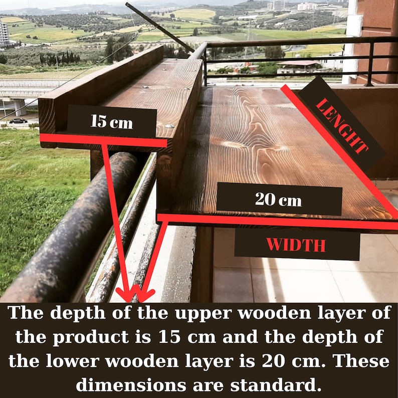 May include: A wooden table with two layers, the top layer is 15 inches deep and the bottom layer is 20 inches deep. The table is made of natural wood with a rustic finish. "LENGHT" and "WIDTH" are written on the image.