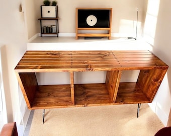 Large Rustic Wood Record Player Stand: Vinyl Storage Station
