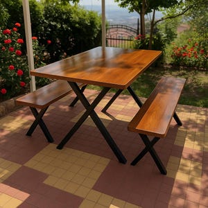 Juego de mesa de comedor rústica para exterior hecha a mano: muebles de jardín de madera maciza