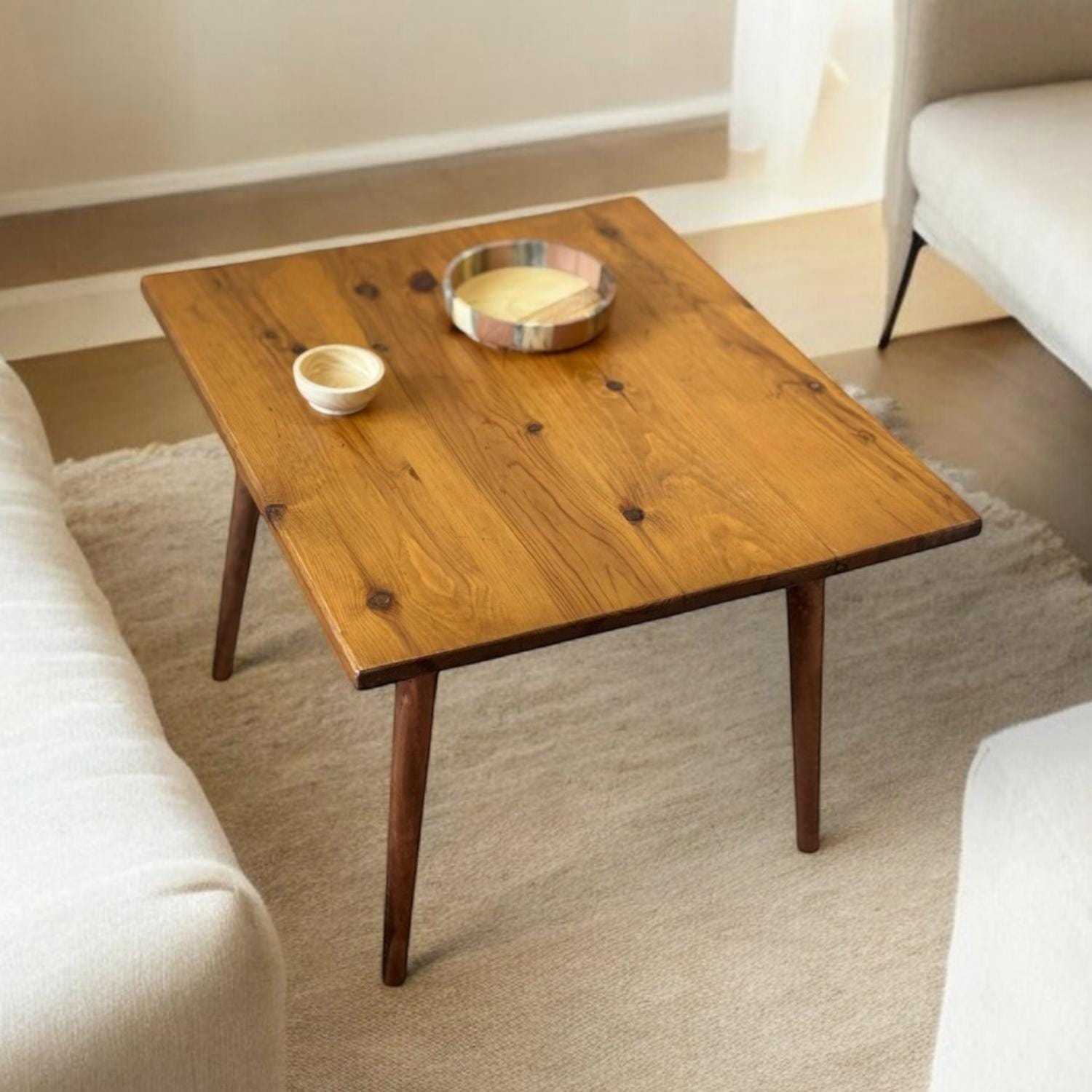 Handmade Square Coffee Table, Walnut Coffee Table with Tapered Legs, Minimalist Mid Century Modern Coffee Table for Living Room Decor