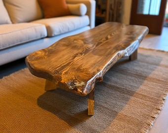 Reclaimed Wood Low Coffee Table, Live Edge Rustic Coffee Table, Handmade Furniture for Cozy Living Room Decor