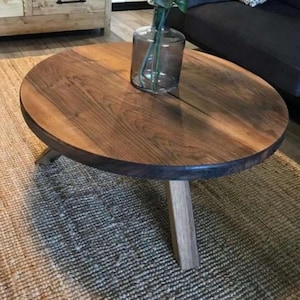 Round Walnut Coffee Table, Handmade Mid Century 3 Leg Furniture for Modern Living Room