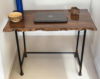 Live Edge Wood Desk, Handmade Rustic Office Desk with Metal Pipe Legs, Solid Wood Writing Table for Home Office or Laptop Workspace