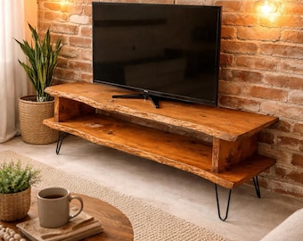 Live Edge Wood TV Stand, Handmade Rustic Media Console with Hairpin Leg