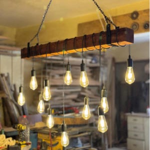 Rustic Wood Beam Chandelier, Handmade Farmhouse Ceiling Fixture for Kitchen or Table