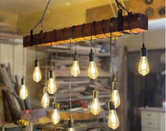 Rustic Wood Beam Chandelier, Handmade Farmhouse Ceiling Fixture for Kitchen or Table