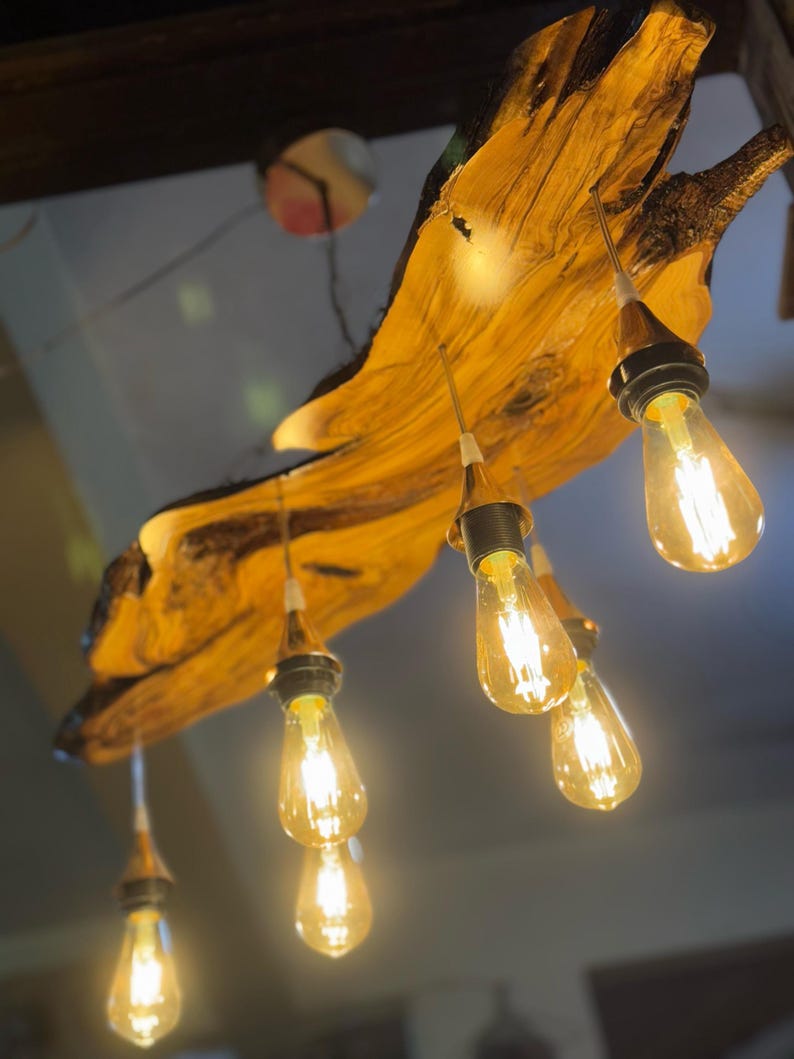 May include: A rustic wooden chandelier with six Edison bulb lights hanging from a natural wood slab. The wood has a warm brown color and a unique grain pattern.