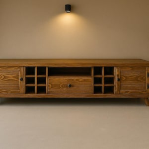 Handmade Solid Wood TV Stand: Rustic Farmhouse Media Console with Wine Racks