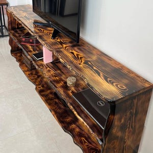 Handcrafted Rustic Wood TV Stand with Live Edge, Solid Wood Media Console Table with Storage Shelves, Industrial Style Entertainment Center