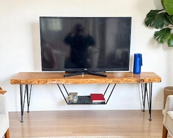 Live Edge Media Console, Handmade Rustic TV Bench with Hairpin Legs and Metal Shelf