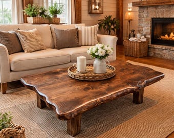Farmhouse Live Edge Wood Coffee Table, Handmade Rustic Solid Wood Center Table, Natural Wood Living Room Furniture