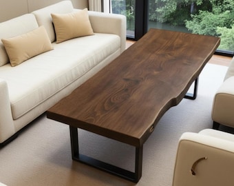 Live Edge Wood Coffee Table, Handmade Rustic Metal Leg Furniture for Living Room