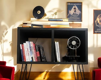Rustic Wood Record Player Stand: Vinyl Storage Cabinet with Shelf