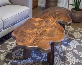 Handmade Live Edge Solid Wooden Coffee Table, Modern Rustic Wood Centerpiece for Living Room