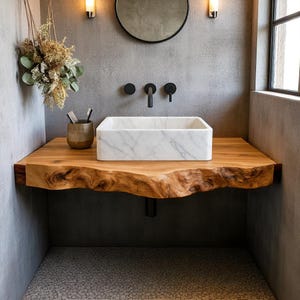 Live Edge Wood Bathroom Vanity, Natural Solid Wood Sink Countertop, Rustic Floating Vanity for Vessel Sink, Handmade Bathroom Furniture