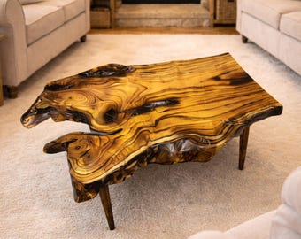 Live Edge Reclaimed Wood Coffee Table, Rustic Farmhouse Natural Wood Centerpiece, Unique Handmade Living Room Furniture