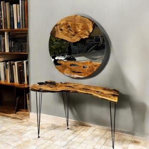 Live Edge Olive Wood Console Table with Mirror: Narrow Entry Table