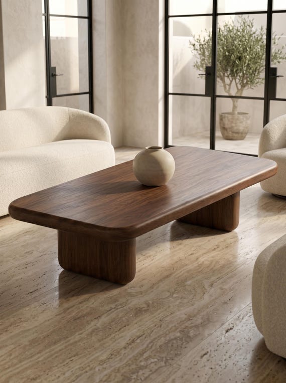 Couchtisch aus dunklem Nussbaumholz mit abgerundeten Ecken für organische, moderne Wohnzimmer
