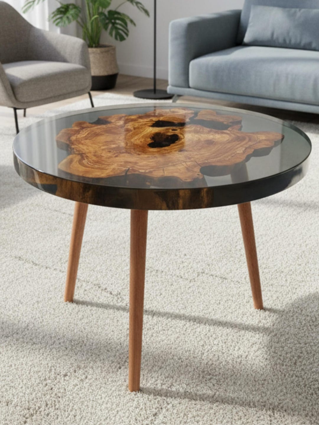 Round Live Edge Epoxy Coffee Table, Olive Wood Side Table, Mid Century ...