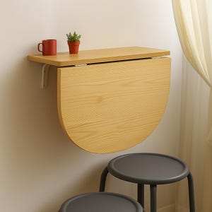 Foldable Wall Mounted Drop Leaf Table, Half Round Space Saving Dining Table, Small Kitchen Balcony Desk, Natural Wood Wall Table