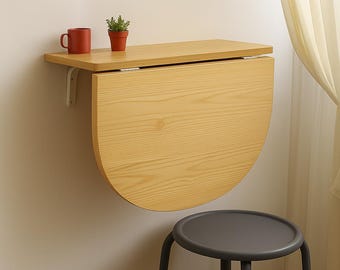 Foldable Wall Mounted Drop Leaf Table, Half Round Space Saving Dining Table, Small Kitchen Balcony Desk, Natural Wood Wall Table