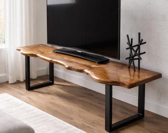 Live Edge TV Stand, Solid Wood Media Console with Metal Legs, Modern Rustic Furniture