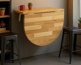 Foldable Drop Leaf Wall Desk, Half Round Space Saving Dining Counter, Natural Wood Design
