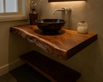 Live Edge Walnut Bathroom Vanity, Rustic Floating Sink Shelf, Handmade Solid Wood Countertop