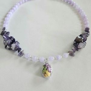 Amethyst and Angelite beaded necklace with handcrafted embroidery pendant, Sterling Silver.