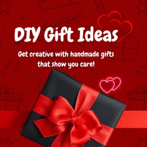 May include: A black gift box with a red satin ribbon tied in a bow. The box is on a red background with white hearts and stars. The text "DIY Gift Ideas" is written in white letters on the top of the image. The text "Get creative with handmade gifts that show you care!" is written in white letters below the title.