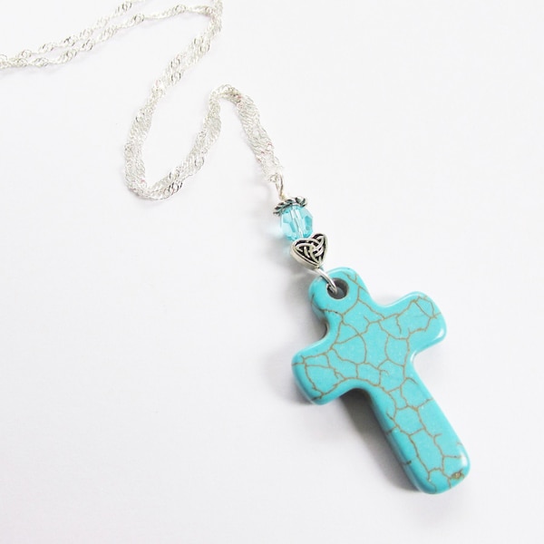 Magnesite Cross Necklace, Aqua Blue Cross Necklace, Dyed Magnesite Pendant, Turquoise Color Cross Necklace