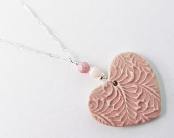 Ceramic Rose Heart Necklace, Pink Stoneware Heart Pendant, Sweetheart Gift. Best Friend Gift, Bridesmaid Gift