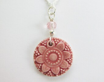 Rose Floral Ceramic Necklace, Art Jewelry, Flower Ceramic Flower Necklace, Rose Floral ceramic Pendant