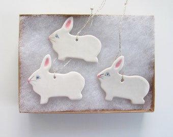 Ceramic Bunny Ornament Set,  Pottery Bunny Ornaments, Easter Hostess Gift, Bunny Rabbit Gift Set