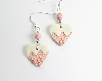 Pink Heart Porcelain Earrings, Ceramic Heart Earrings, Porcelain Jewelry, Dangle Heart Earrings, Birthday Gift, Ceramic Jewelry,