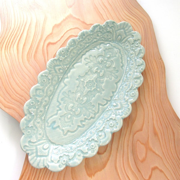 Aqua Blue Lace Stoneware Platter, Small Oval Serving Plate, Trinket Tray, Jewelry Dish, Pottery Platter, Ceramic platter,