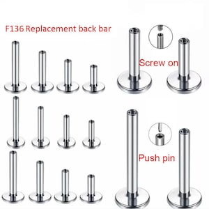 May include: A collection of silver-coloured metal F136 replacement back bars for body jewellery. The set includes various lengths with flat circular bases. Some pieces feature a screw-on mechanism, while others utilise a push-pin design for attachment.