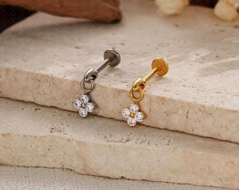 Titanium Flower Vertical Dangle Helix Piercing, Threaded Flat Back Stud Earrings, Rook / Cartilage / Conch / Tragus / Helix Drop Earring