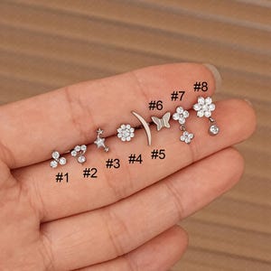 16G/18G Flower Earrings Set • Jewelry Set • Flat Back Earring • Tragus Stud • Helix Conch Stud • Cartilage • Gife For Her • Gift Set