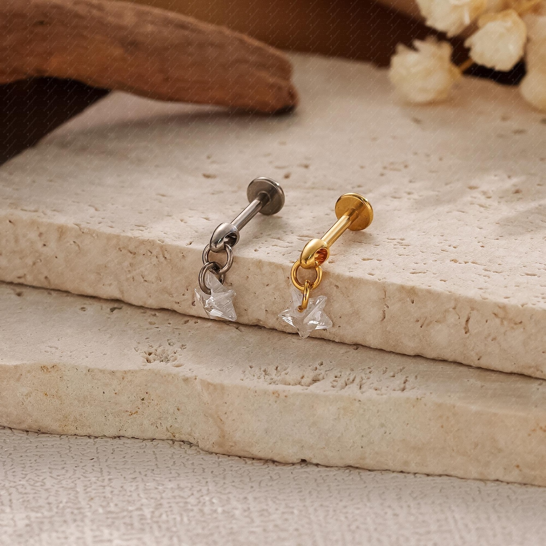 Titanium Star Vertical Dangle Helix Piercing, Threaded Flat Back Stud Earrings, Rook / Cartilage / Conch / Tragus / Helix Drop Earring - Etsy Japan