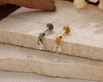 Titanium Star Vertical Dangle Helix Piercing, Threaded Flat Back Stud Earrings, Rook / Cartilage / Conch / Tragus / Helix Drop Earring