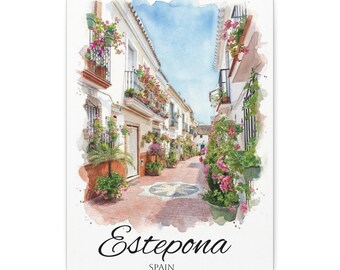 Estepona Spain Watercolor Canvas Print | Mediterranean Street Scene Wall Art
