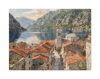 Kotor Montenegro Watercolor Canvas Print | Coastal Travel Wall Art