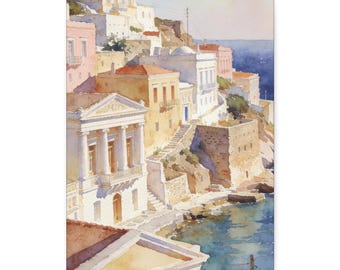 Syros Greece Watercolor Canvas Print | Mediterranean Wall Art