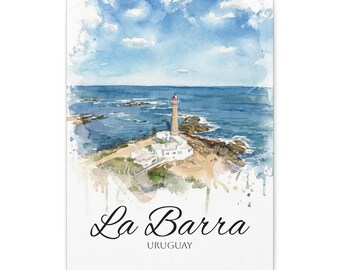 La Barra Uruguay Watercolor Canvas | Portrait Coastal Wall Canvas | Lighthouse Travel Decor | South America Art | by Palettes & Passports