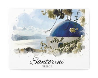 Santorini Greece Watercolor Canvas | Landscape Greek Island Wall Art | Mediterranean Travel Art | Greece Print | by Palettes & Passports