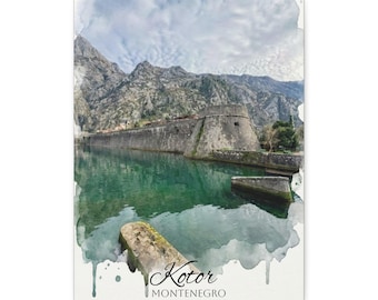 Kotor Montenegro Watercolor Canvas Print | Coastal Fortress Wall Art